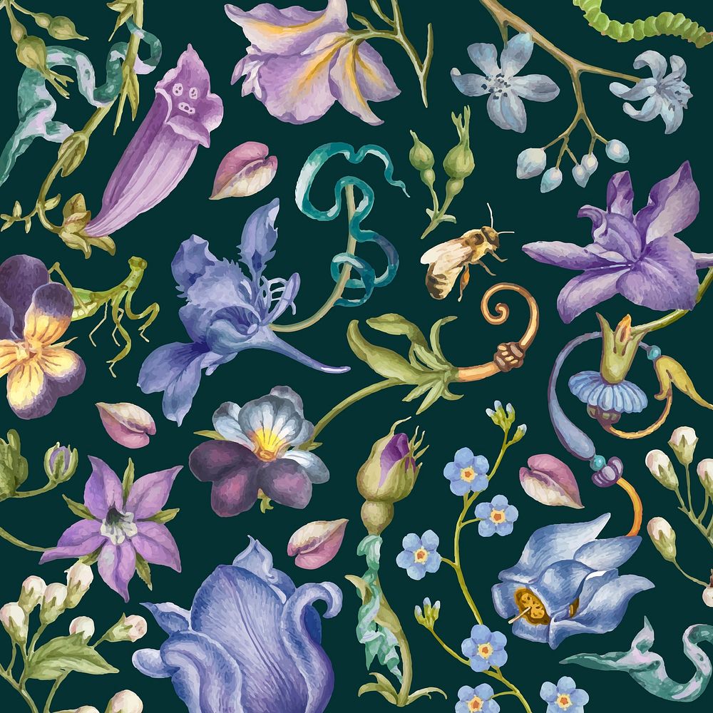 Aesthetic purple floral pattern vector on dark background, remixed from artworks by Pierre-Joseph Redout&eacute;