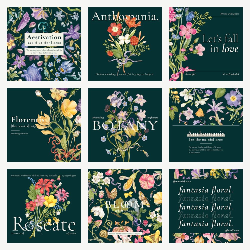 Editable aesthetic floral template vector blog social media post collection