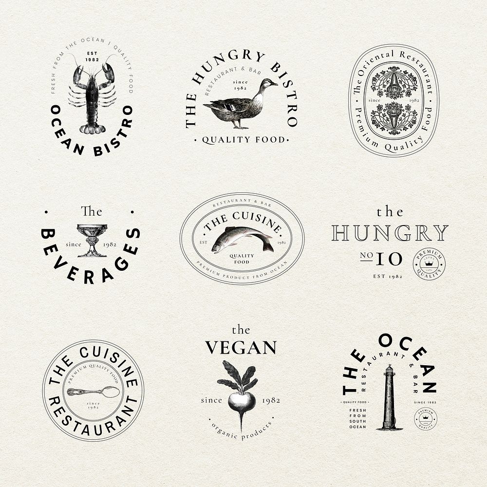 Editable vintage badge template psd for restaurant set, remixed from public domain artworks