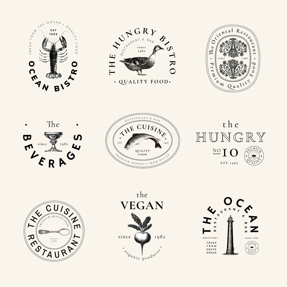 Aesthetic restaurant badge illustration set, remixed from public domain artworks