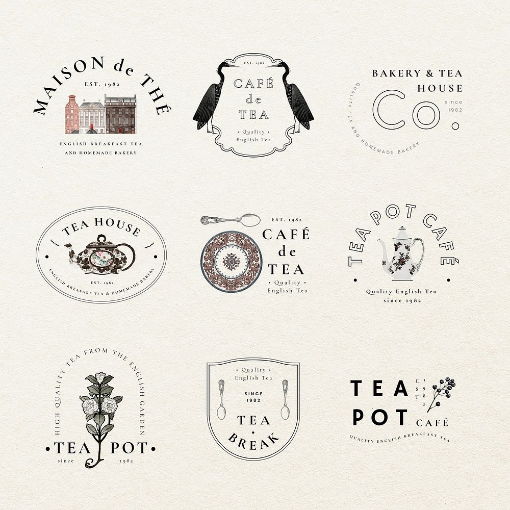 Aesthetic logo template psd for cafe set, remixed from public domain artworks