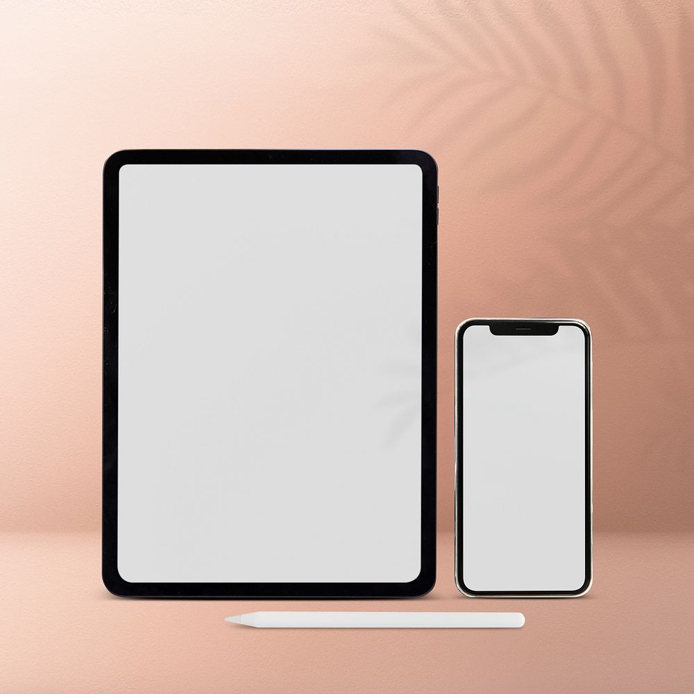 Digital device empty screen with tablet and phone on aesthetic background