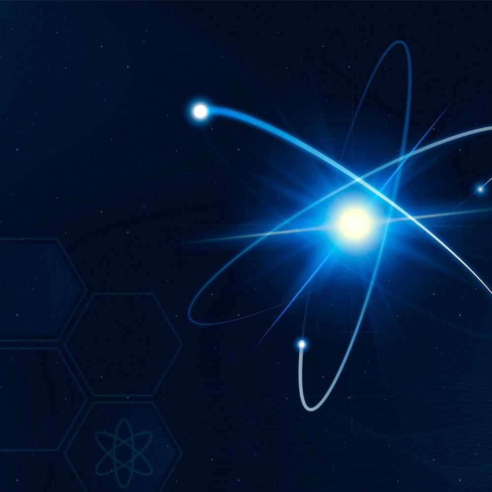 Atomic science technology background border in blue neon style with blank space