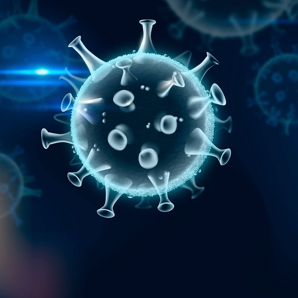 Covid-19 virus cell border background in neon blue with blank space