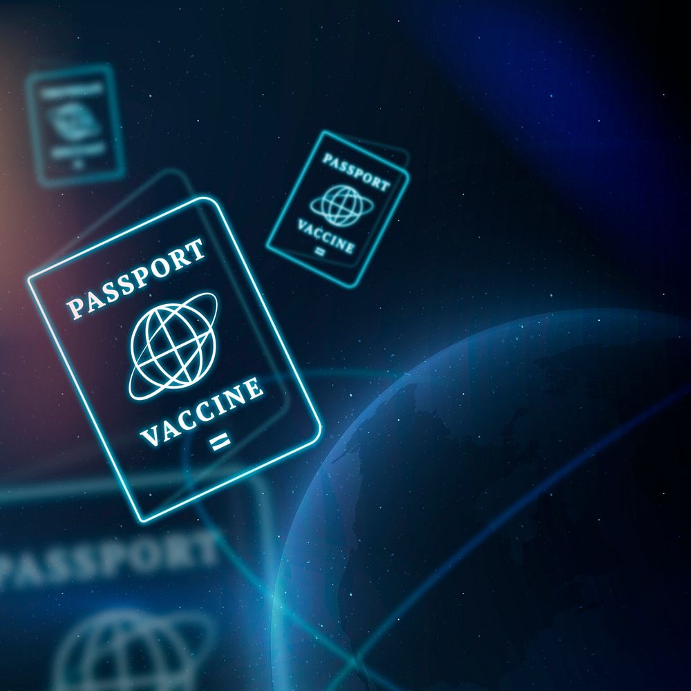 Covid-19 vaccine passport border smart technology background in blue