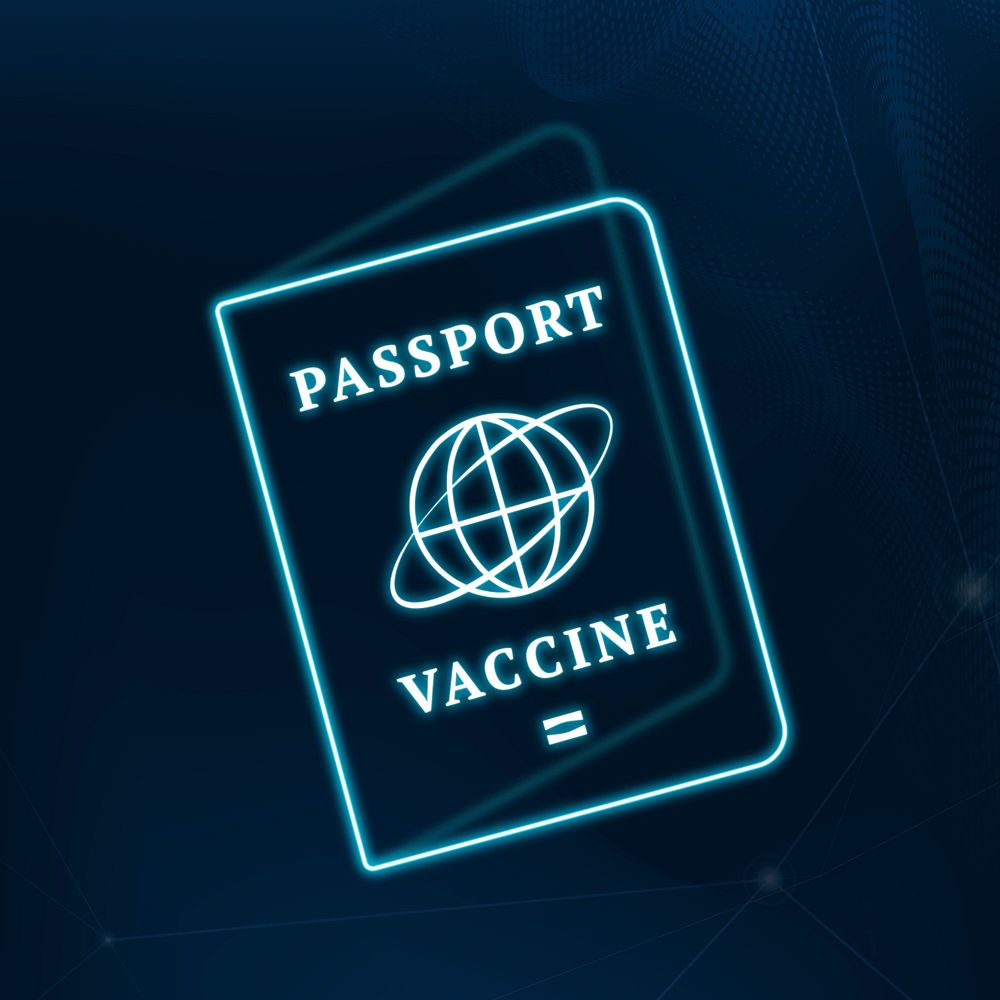 Covid-19 vaccine certificate passport blue neon graphic