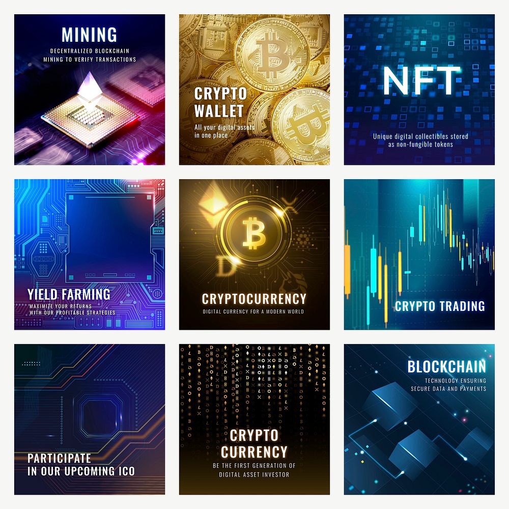 Cryptocurrency open-source blockchain template vector digital finance social media post collection