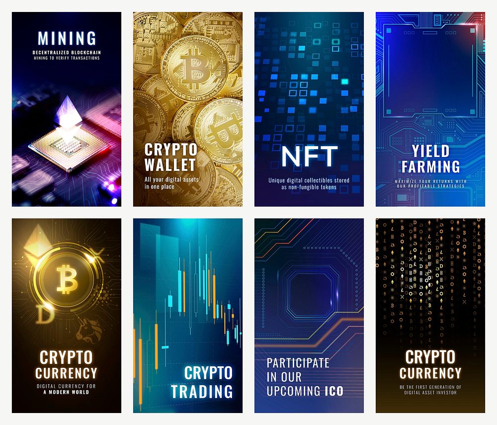 Cryptocurrency open-source blockchain template vector digital finance social media story set