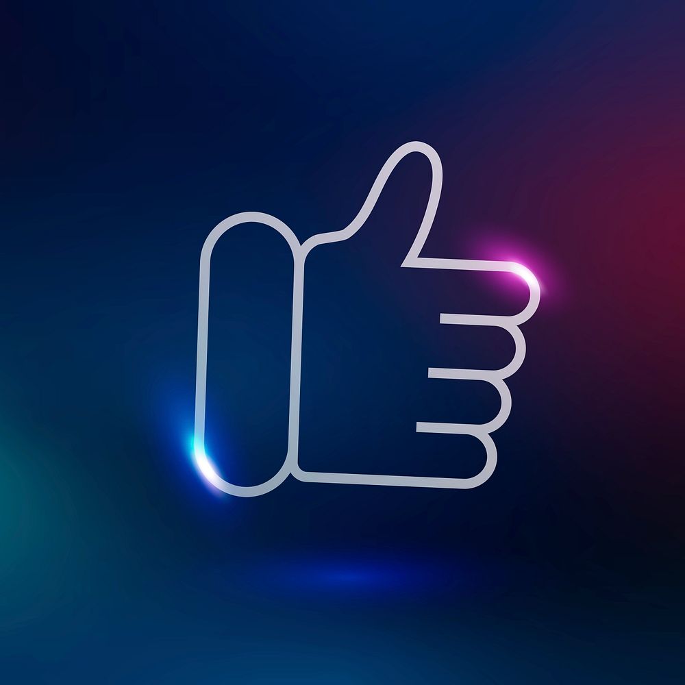 Thumbs up psd technology icon in neon purple on gradient background