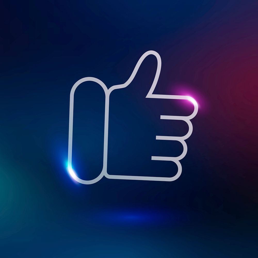 Thumbs up vector technology icon in neon purple on gradient background