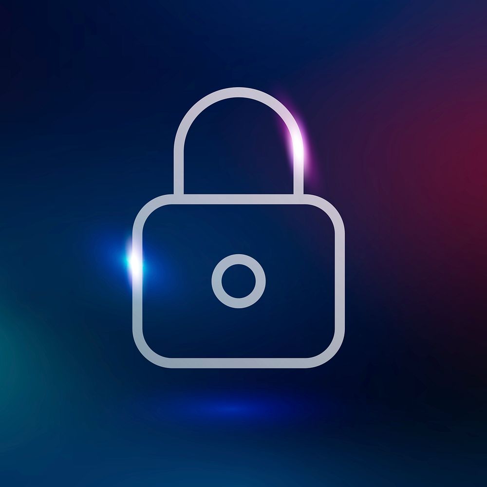 Lock feature psd technology icon in neon purple on gradient background