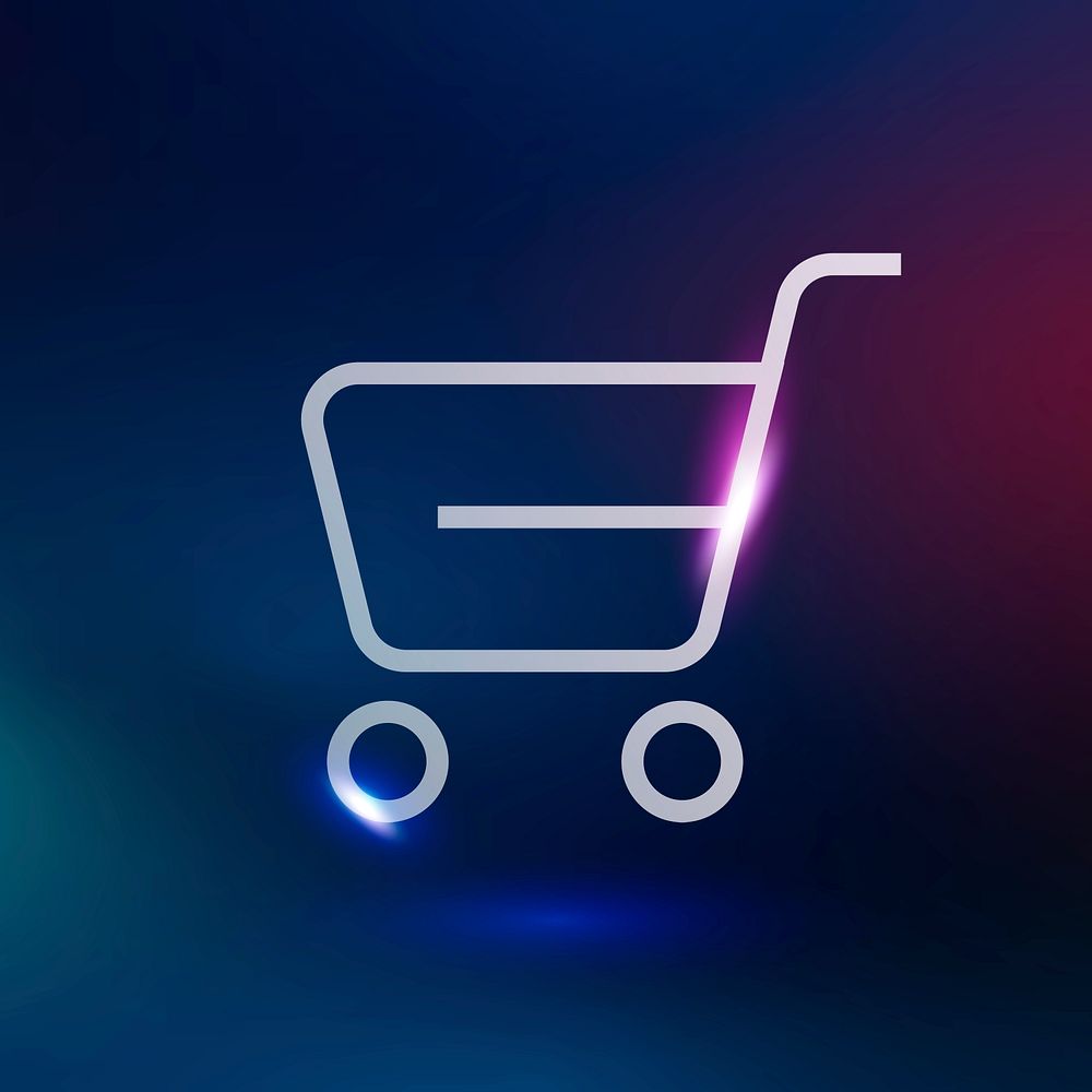 Shopping cart psd technology icon in neon purple on gradient background