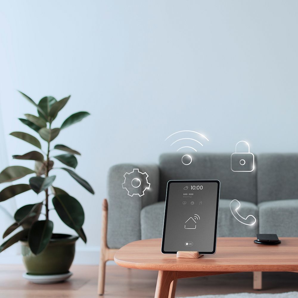Smart home innovation technology with UI on tablet screen remixed media