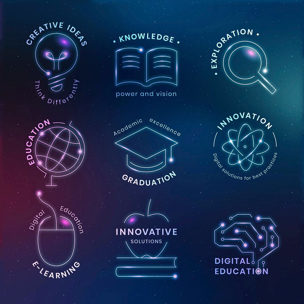 Education technology logo template psd in neon graphic set
