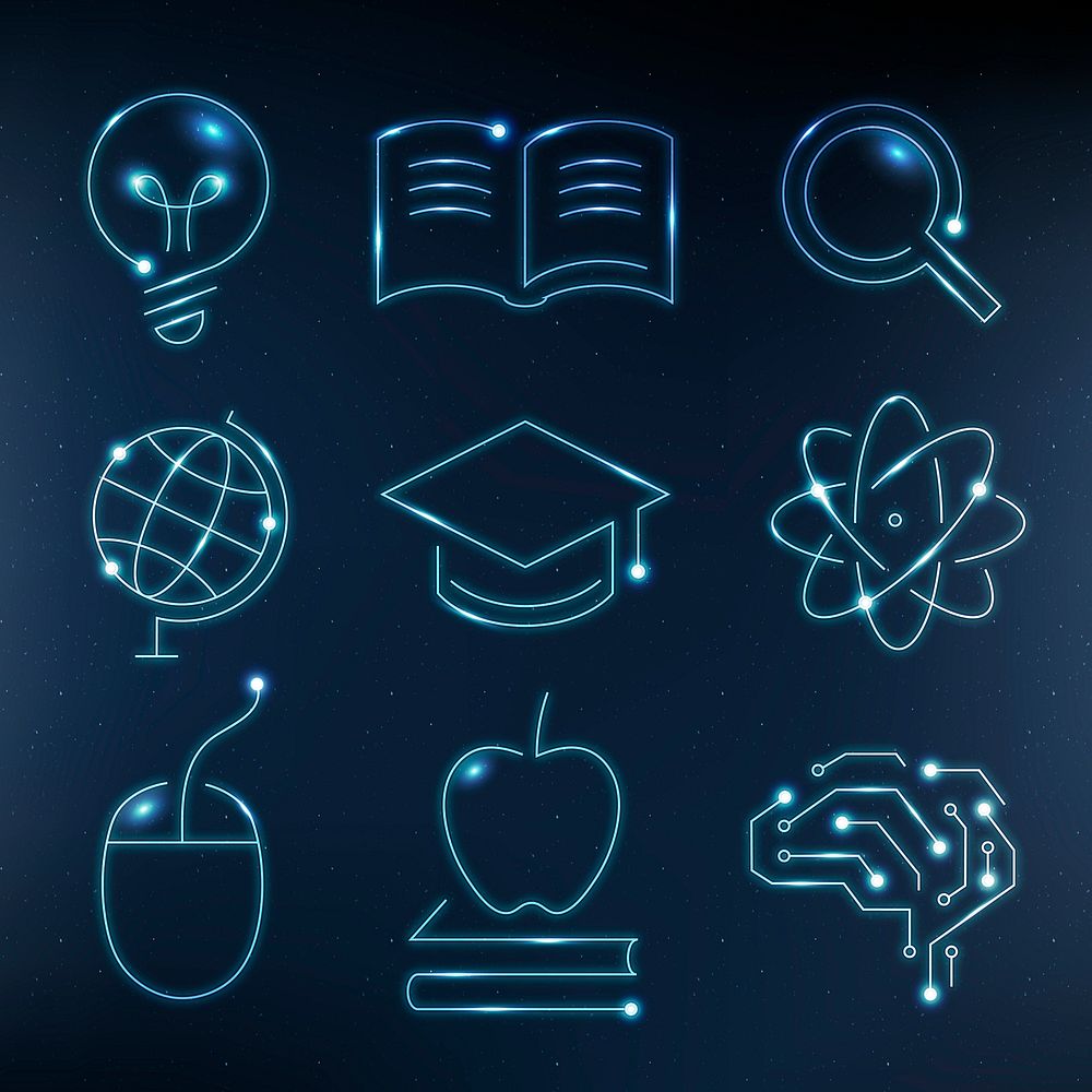 Education technology blue icons digital and science graphic set