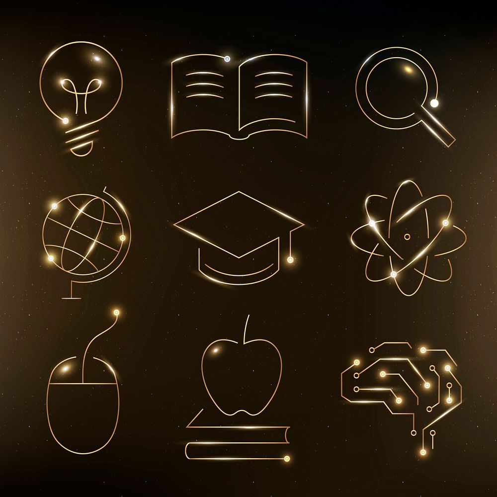 Education technology gold icons vector digital and science graphic collection