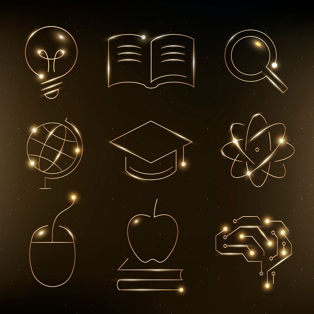 Education technology gold icons psd digital and science graphic collection