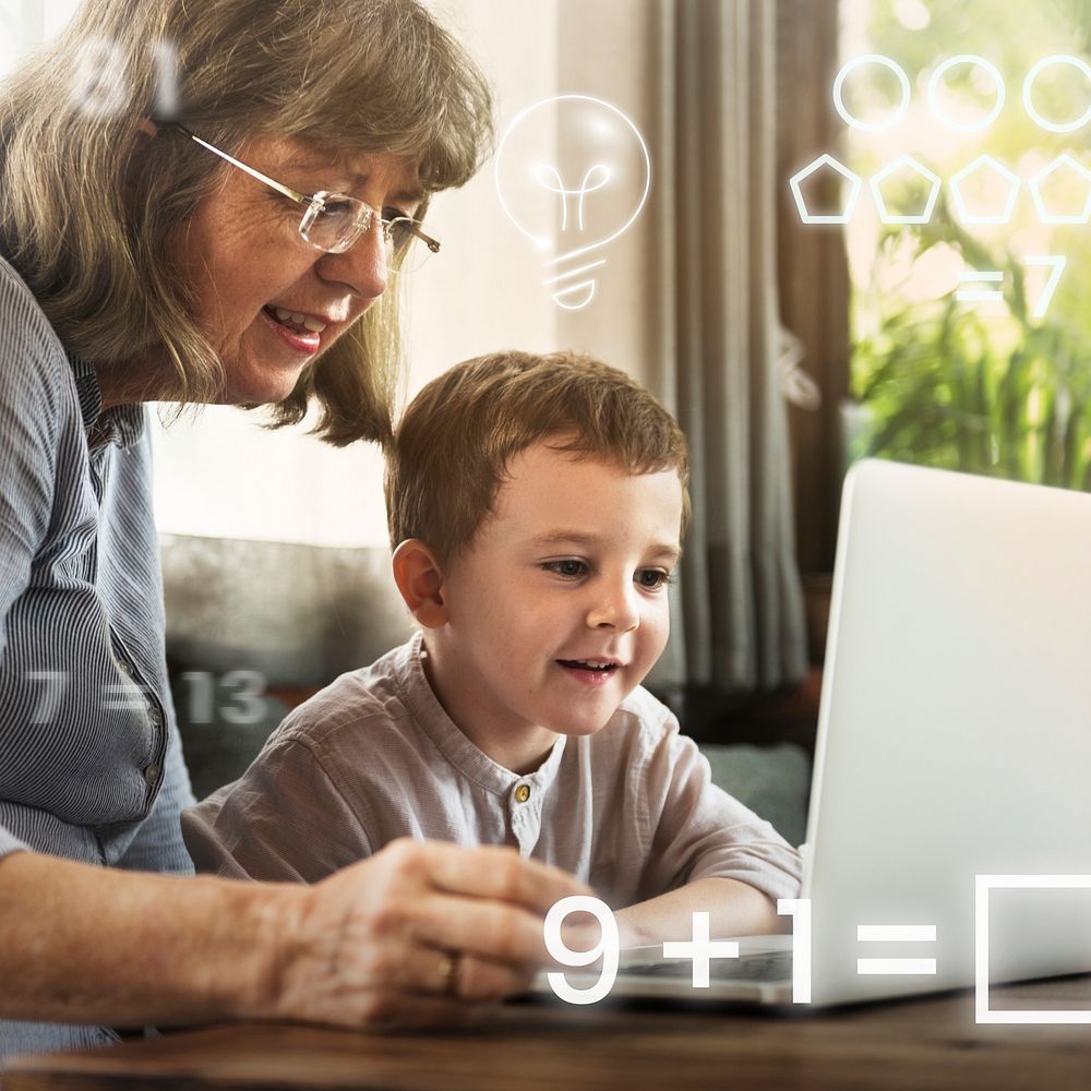 Grandmother tutoring grandson virtual classroom technology remixed media