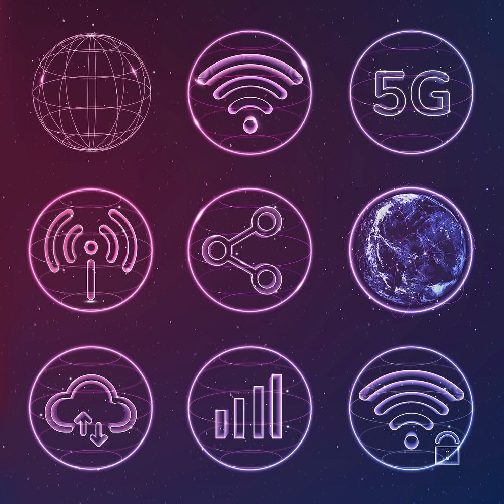 Global network technology icon psd in neon collection