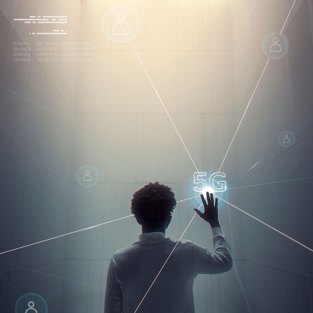 5G connection technology background psd with man using futuristic virtual screen digital remix