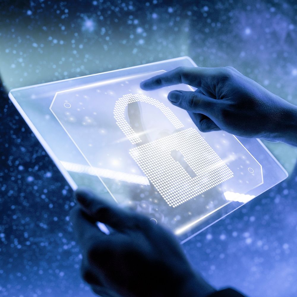 Data security technology background psd with lock icon on transparent tablet digital remix