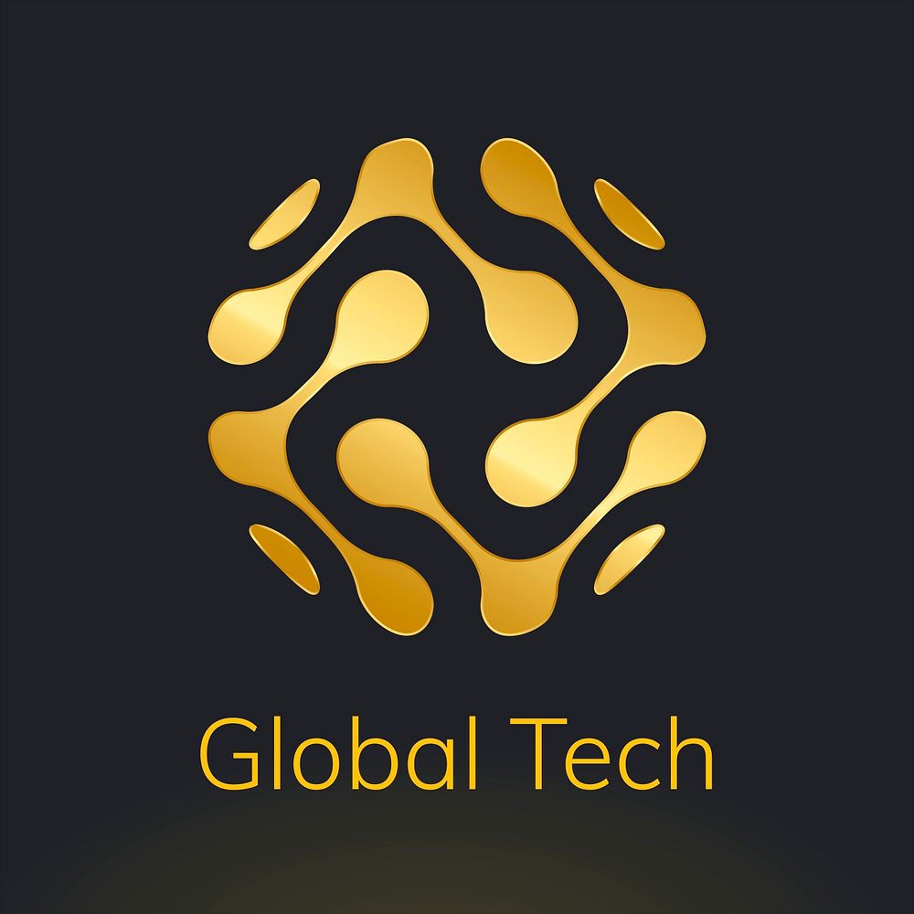 Abstract globe technology logo psd with global tech text in gold tone