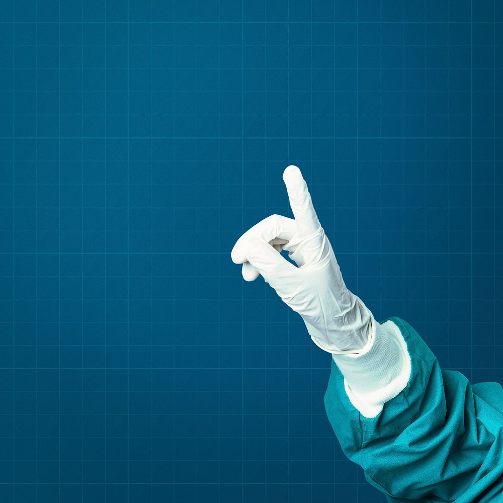 Hand in medical glove showing index finger medical technology