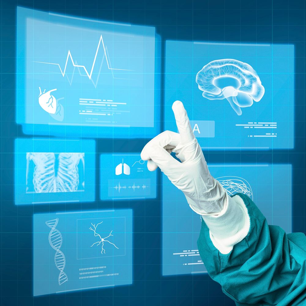 Hand in medical glove psd mockup pointing to virtual screen medical technology