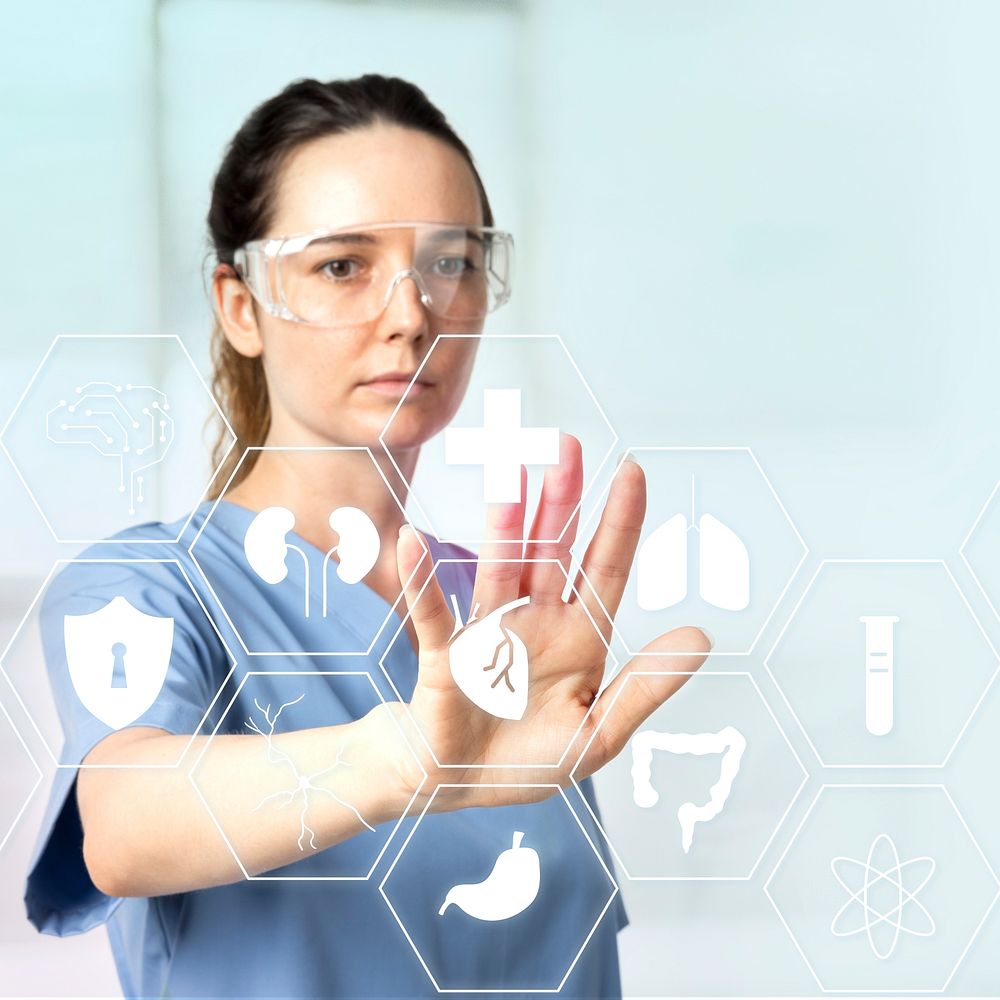 Female doctor psd mockup with smart glasses touching virtual screen medical technology