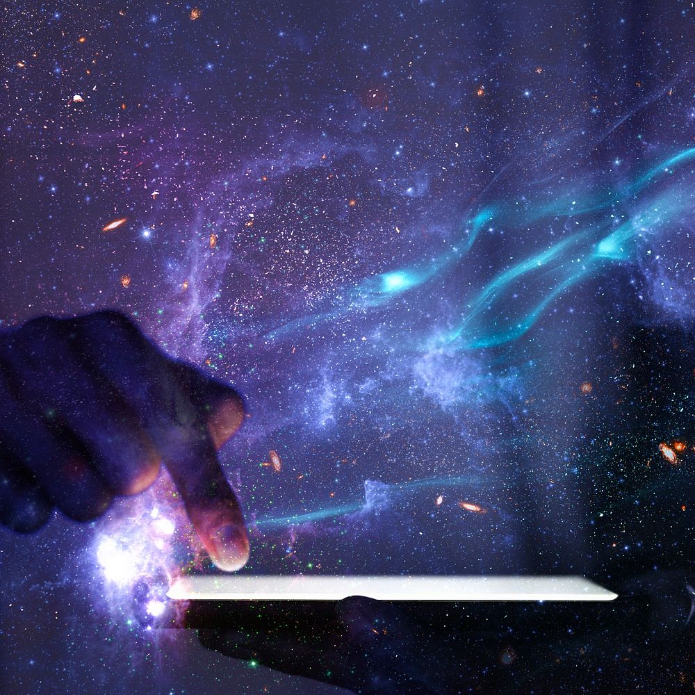 Global networking background hand using phone technology remix galaxy