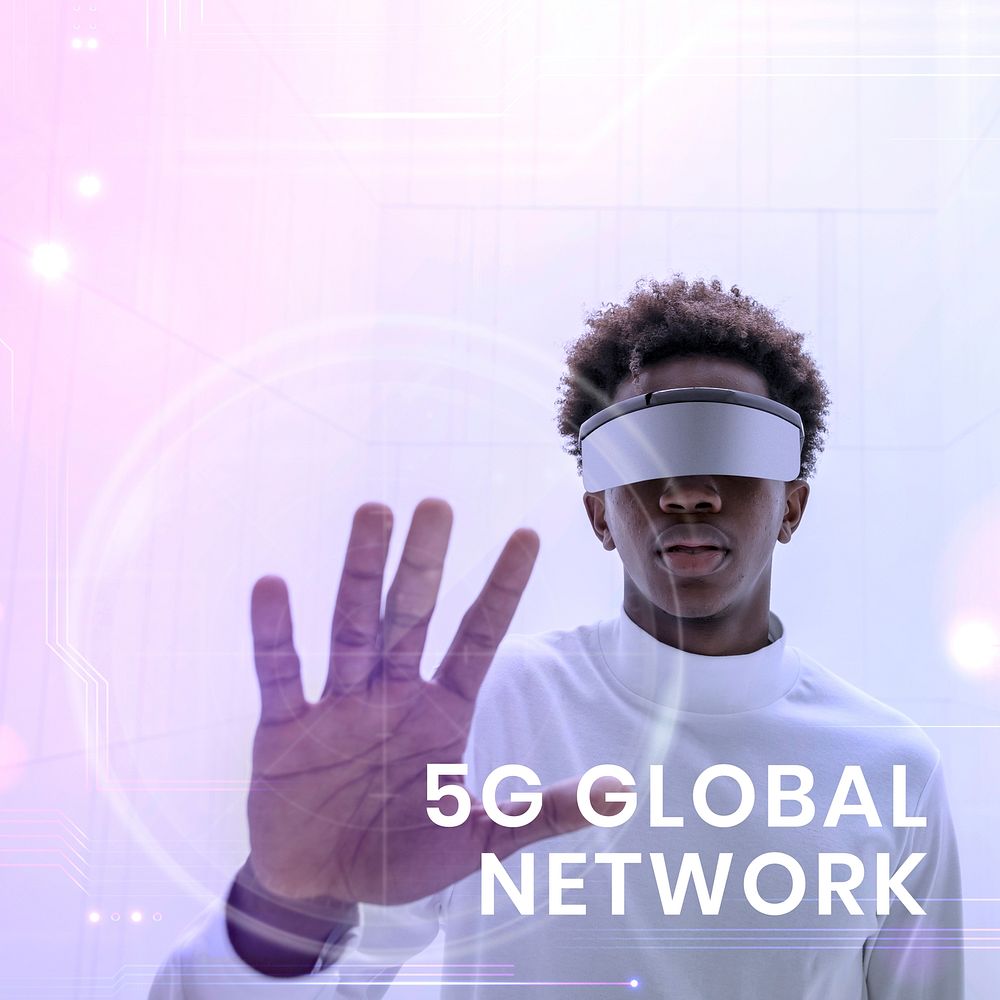 5G global network template vector with man wearing smart glasses background
