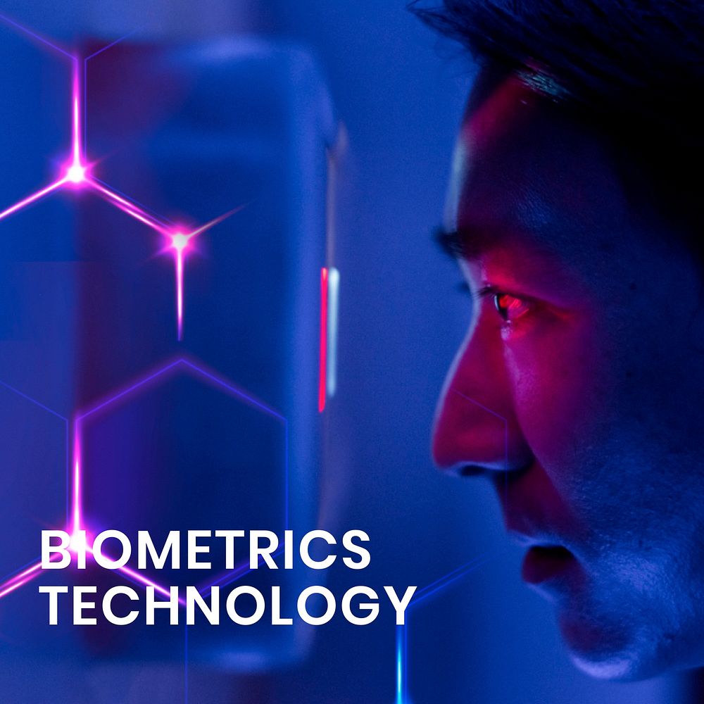 Biometrics technology template vector with man scanning his eyes background