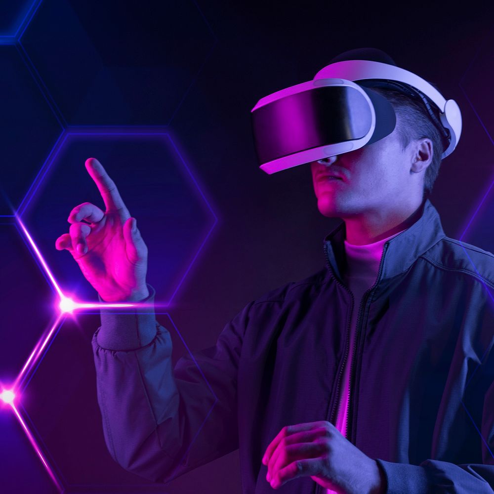 Man experiencing metaverse, wearing smart glasses touching a virtual screen futuristic technology digital remix