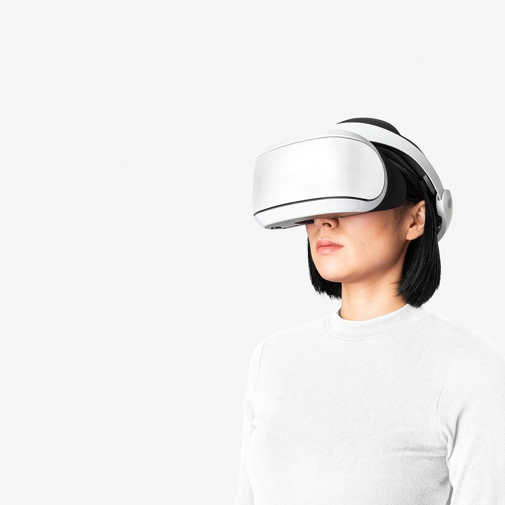 Woman psd in Virtual Reality glasses in entertainment technology theme