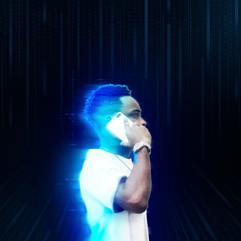 Man psd using smartphone with neon effect background