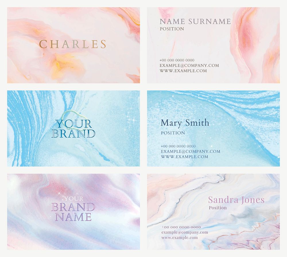 Marble business card template vector in colorful feminine style set