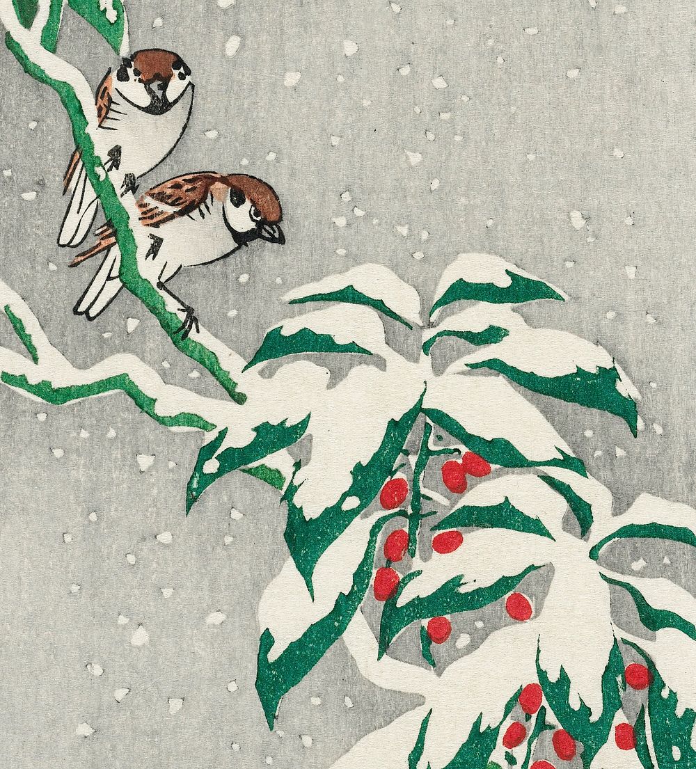 Sparrows on snowy berry bush (ca. 1900&ndash;1945) by Ohara Koson. Original from The Rijksmuseum. Digitally enhanced by…