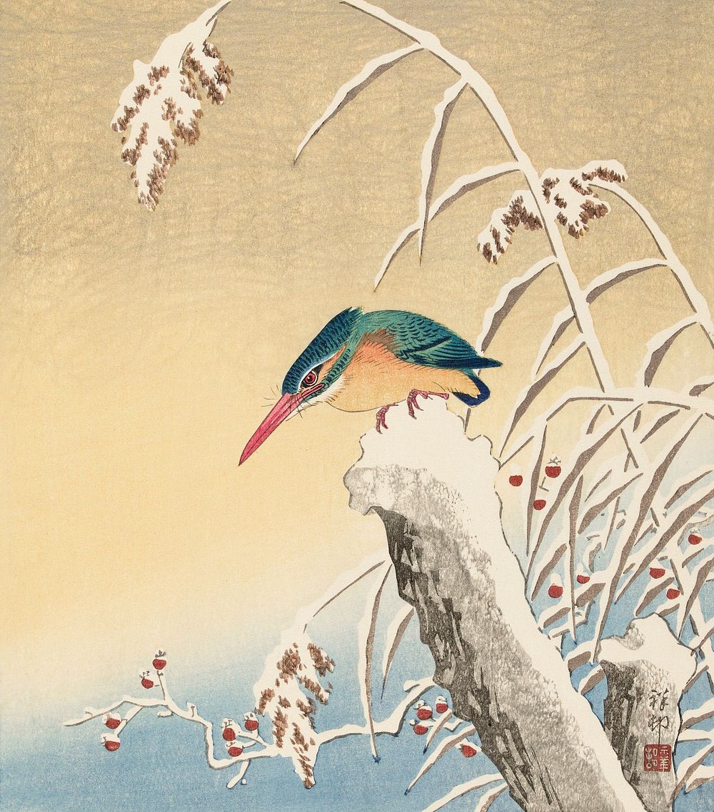 Kingfisher in the snow (ca. 1925&ndash;1936) by Ohara Koson. Original from The Rijksmuseum. Digitally enhanced by rawpixel.
