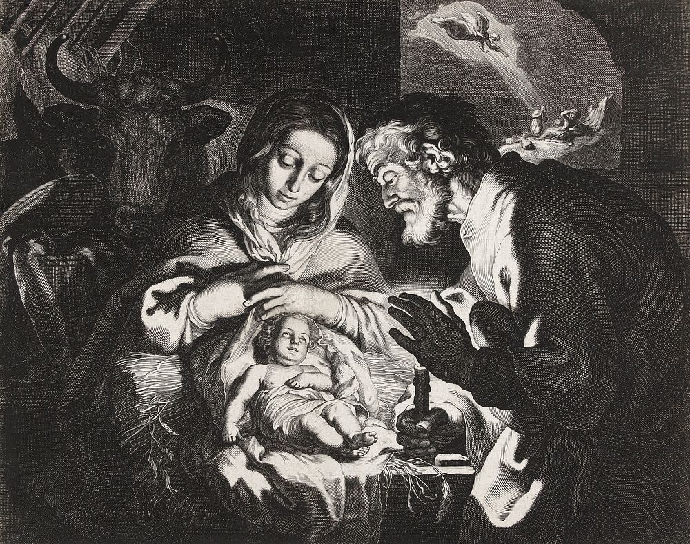 The birth of Christ after Abraham Bloemaer (1625) by Cornelis Bloemaert. Original from The Rijksmuseum. Digitally enhanced…