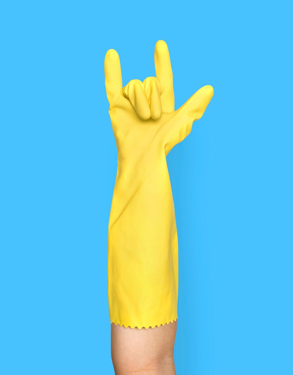 Hand in yellow cleaning glove gesture with handlove
