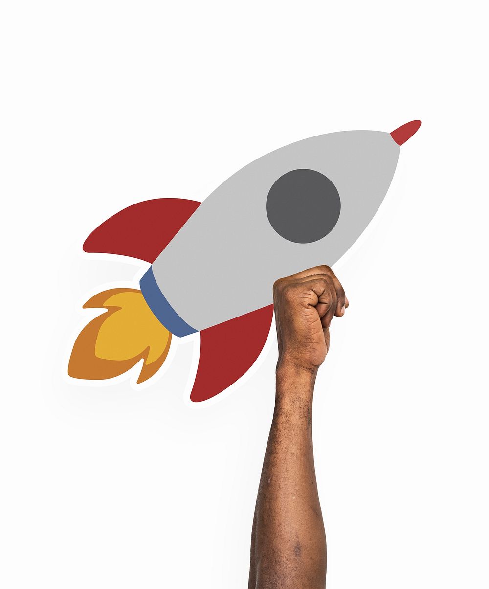 Hand holding a spaceship rocket clipart