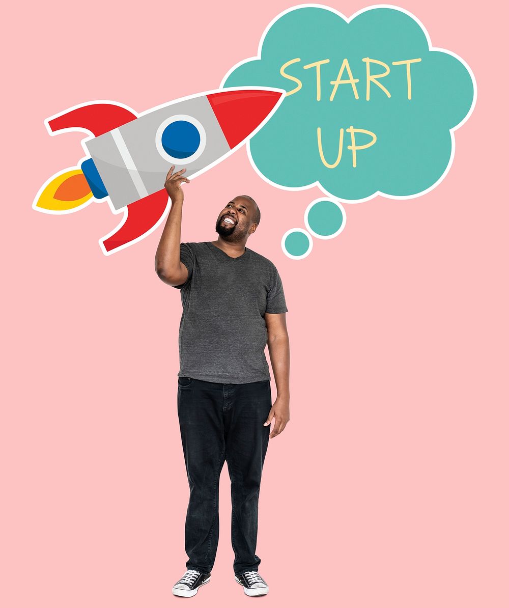 Creative man with a startup ideas and launch rocket