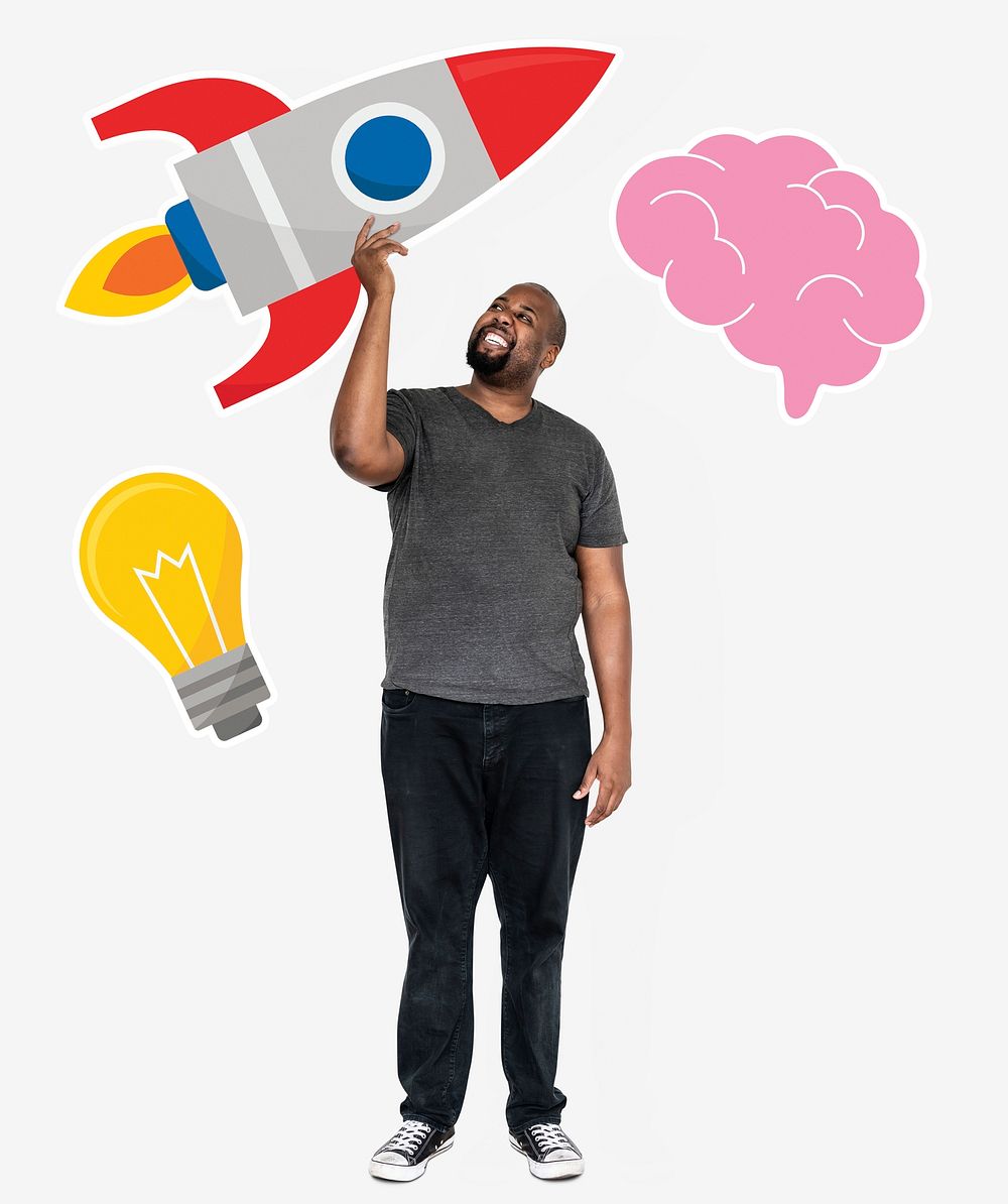 Creative man holding a rocket symbol