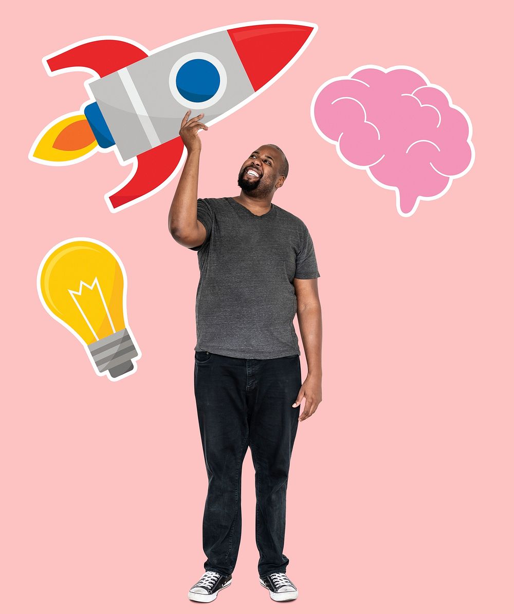 Creative man holding a rocket symbol