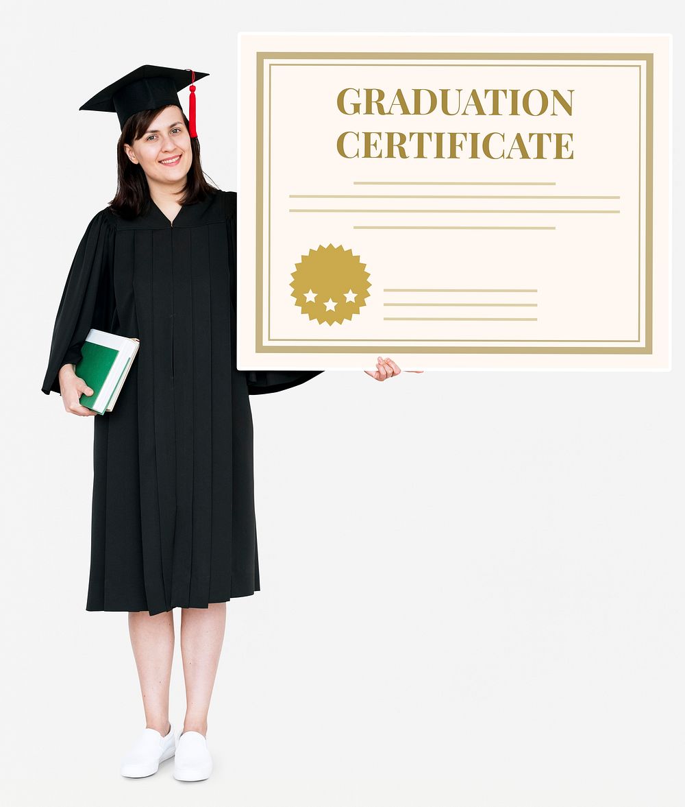 Female grad holding a graduation certificate