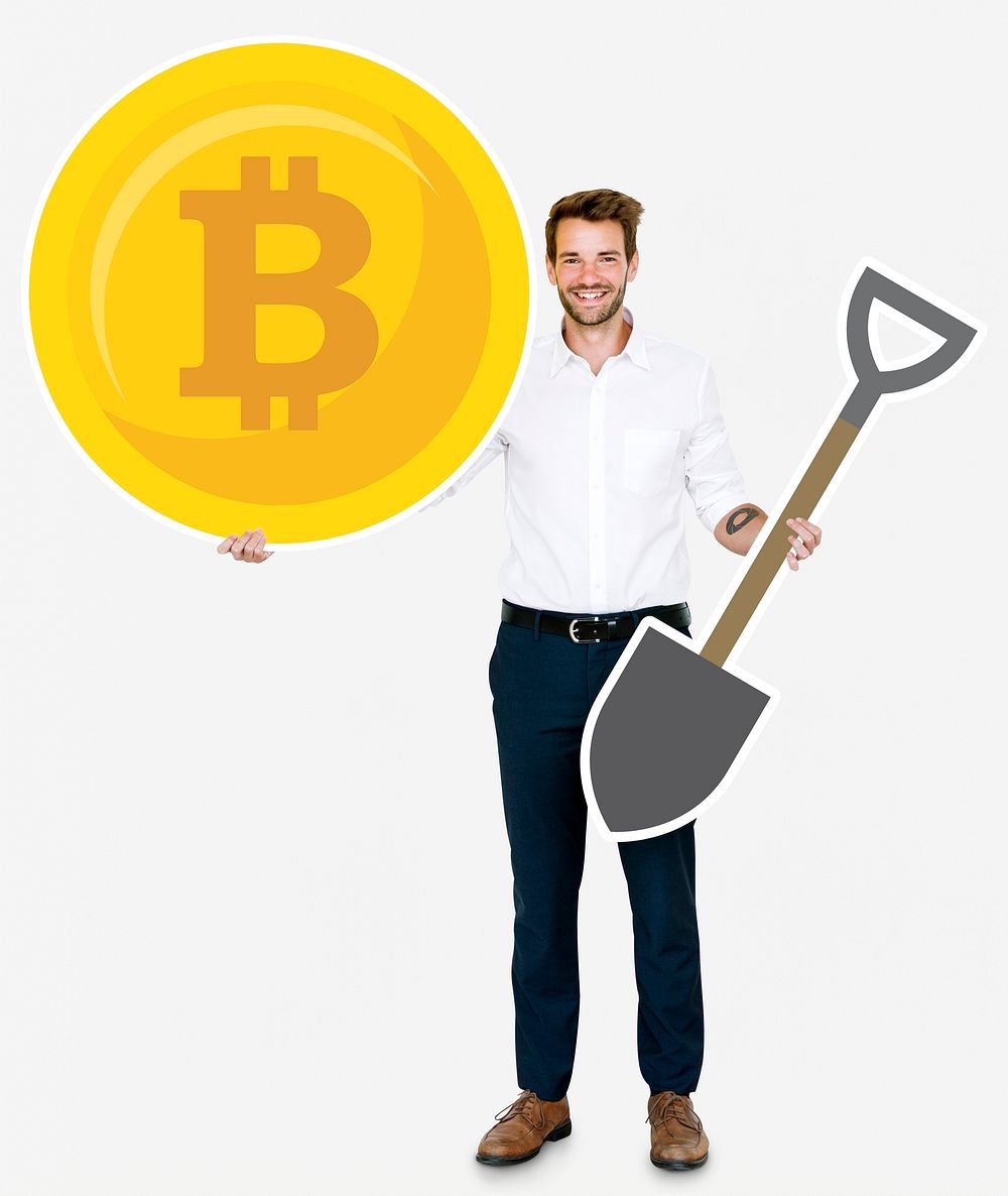 Businessman holding bitcoin cryptocurrency and mining concept icons