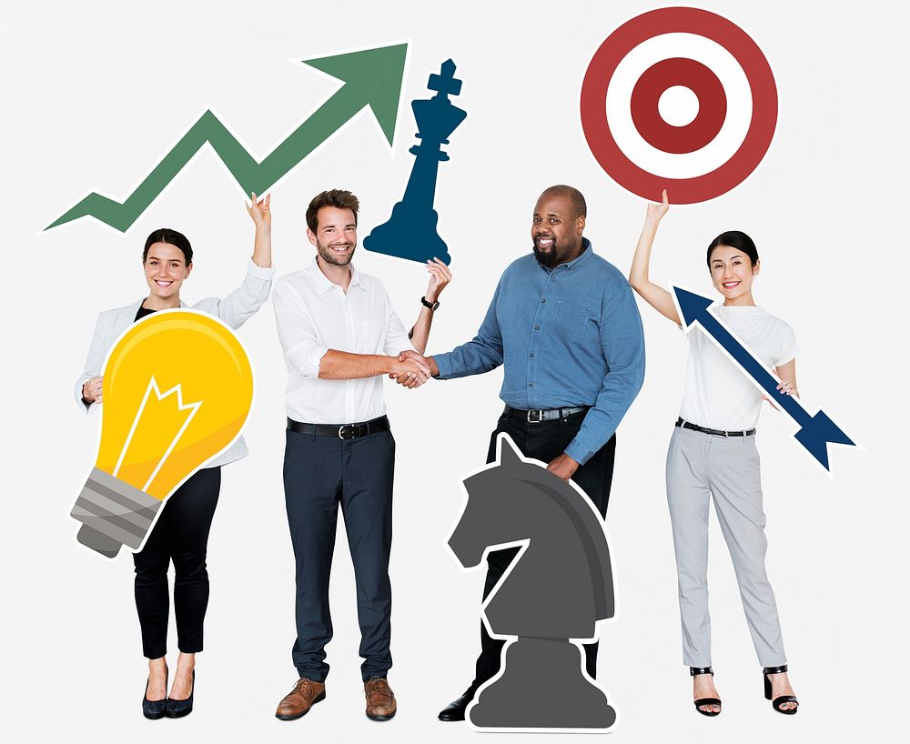 Happy business people holding business strategy icons