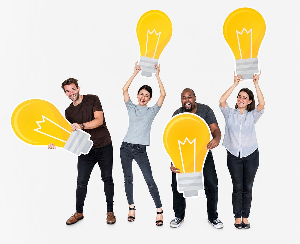 Group of diverse people with bright yellow light bulbs