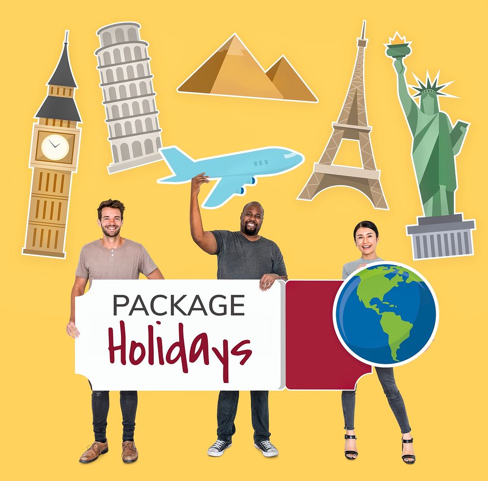 Happy diverse people holding package holidays icon