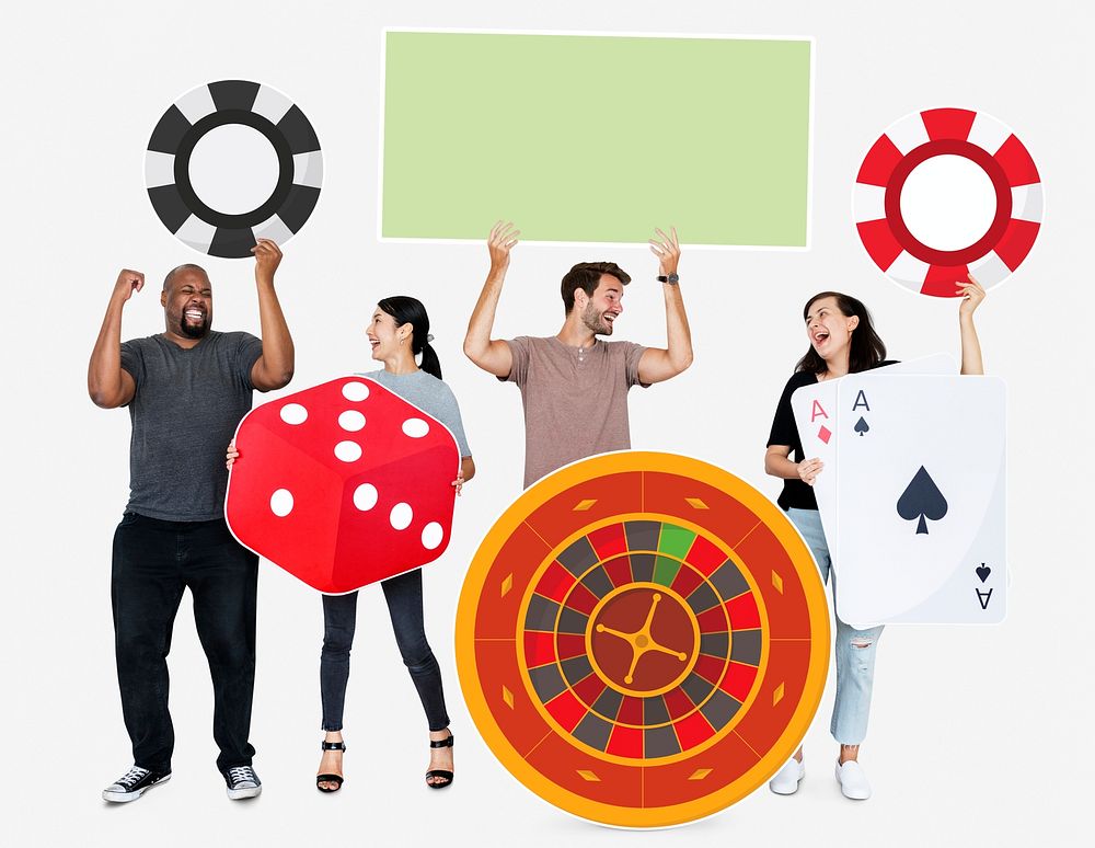 Happy diverse people holding casino icons